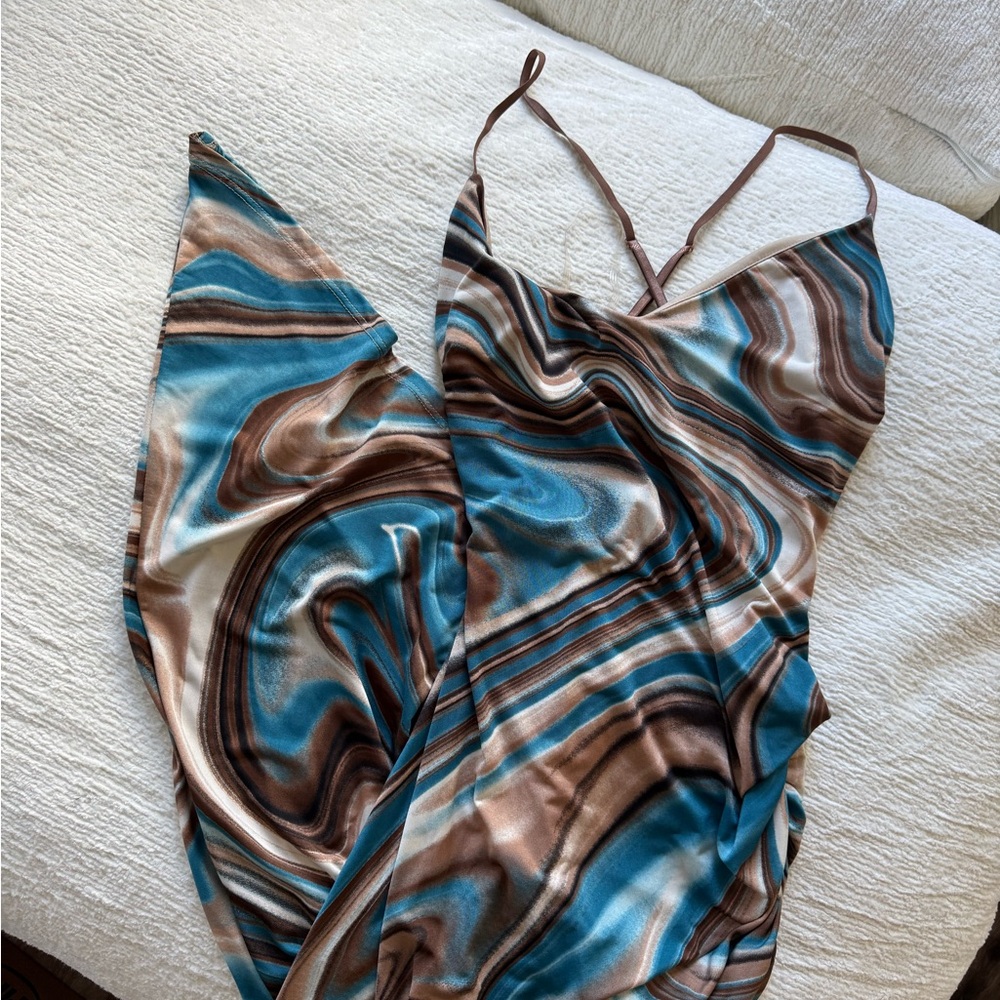 Marbled Satin Slip Dress in Teal, Brown & Cream